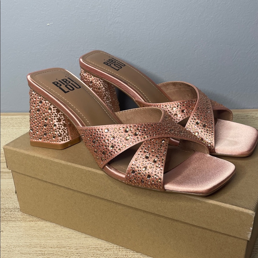 Bibi Lou for Anthropologie Rose Gold Crystal Block Heel Slide Sandals